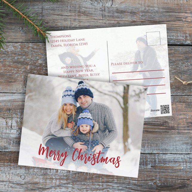 Postal Festiva Christmas Minimalist Simple Calligraphy 2 Photo  (Merry Christmas postcard with a two-photo template. )