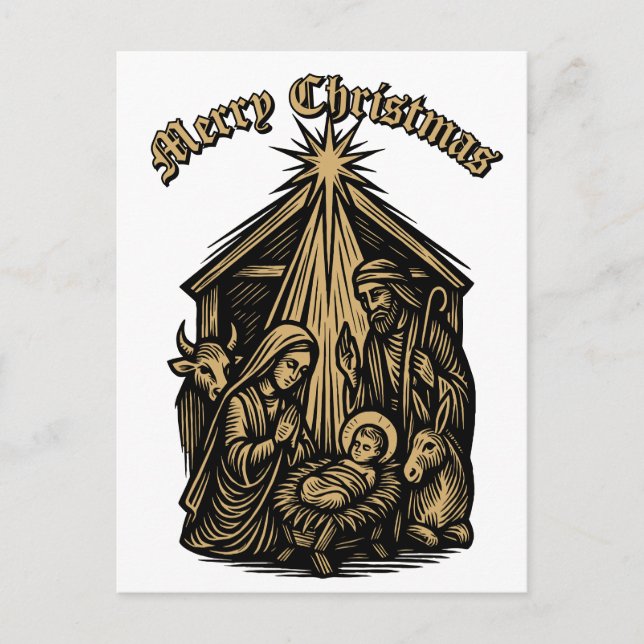 Postal Festiva Christmas Nativity Retro Medieval Woodcut (Anverso)