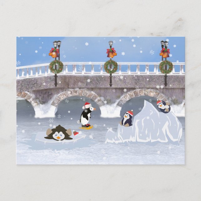 Postal Festiva Christmas, Playful Penguins on Frozen Lake (Anverso)