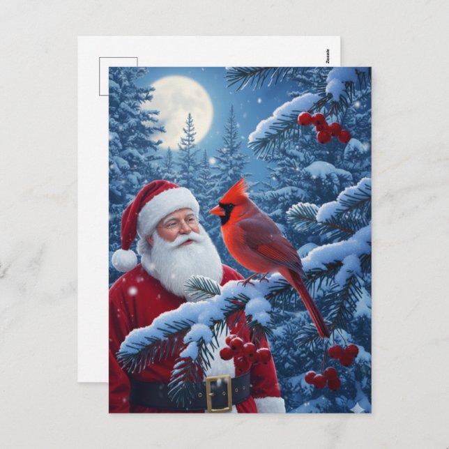 Postal Festiva Christmas Santa Claus with Cardinal in Snowy Tree (Anverso / Reverso)