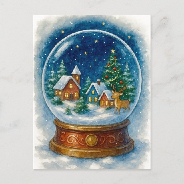 Postal Festiva Christmas Village at Night Snow Globe Postcard (Anverso)