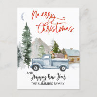 Christmas Watercolor Winter Vintage Truck Woodland