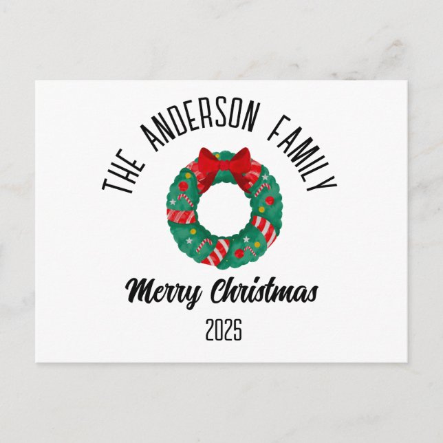 Postal Festiva Christmas Wreath Red Bow Lights Personalized Name (Anverso)