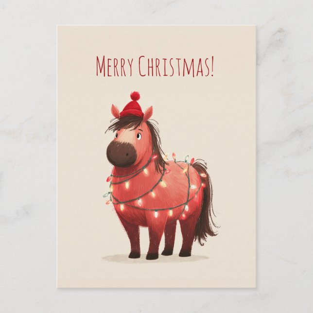 Postal Festiva Chubby red and dark brown pony wrapped in lights (Anverso)