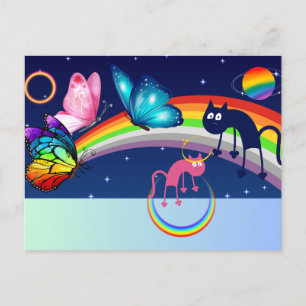 Postal Festiva Cielo nocturno, dos gatos, mariposas y arcoiris