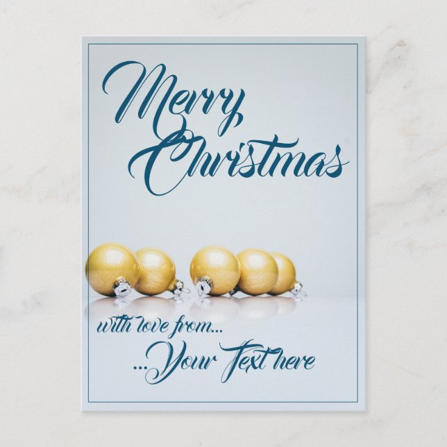Postal Festiva Cinco bolas de navidades dorados - escritura azul (Anverso)