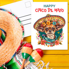 Postal Festiva Cinco de Mayo Chihuahua con Sombrero y Serape