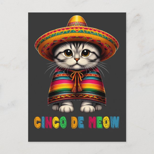 Postal Festiva Cinco De Mayo Funny Gato Mexicano Sombrero Meow (Anverso)