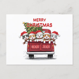 Postal Festiva Cinco Navidades jolly Cats Red Truck