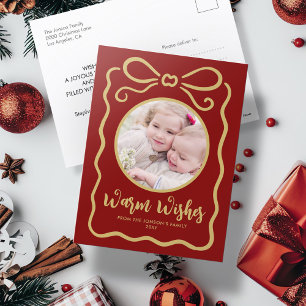 Postal Festiva Cinta dorada de corte de foto personalizado roja