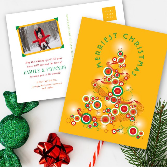 Postal Festiva Círculos de retro para hacer ruido resumen árbol d (Red & Green Mod Circles Glowing Abstract Christmas Tree Holiday Postcard @ fat_fa_tin)