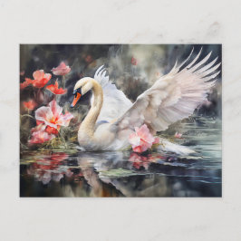 Postal Festiva Cisne en estanque de loto con colores suaves