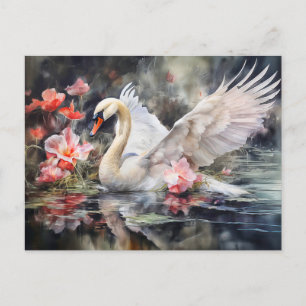 Postal Festiva Cisne en estanque de loto con colores suaves