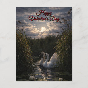 Postal Festiva Cisnes Entre Juncos En Día de San Valentín con Luz