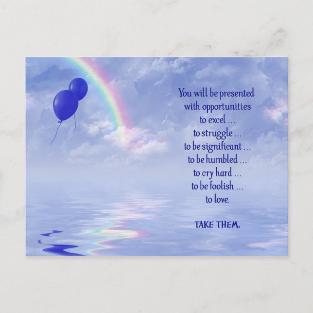 Postal Festiva Cita con globos azules y arco iris (Anverso)