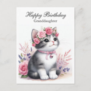Postal Festiva Citar gatito rosas rosadas nieta 