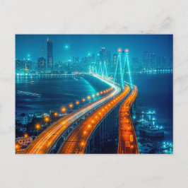 Postal Festiva Ciudad de noche, puente iluminado sobre río