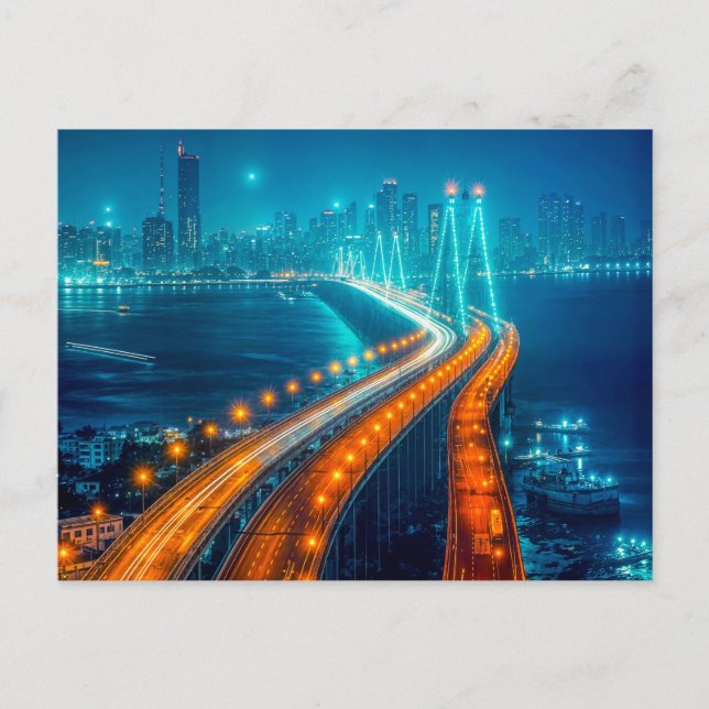 Postal Festiva Ciudad de noche, puente iluminado sobre río (Anverso)