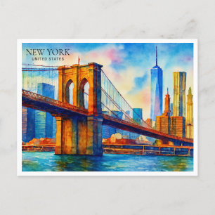 Postal Festiva Ciudad de Nueva York Puente de Brooklyn Acuarela