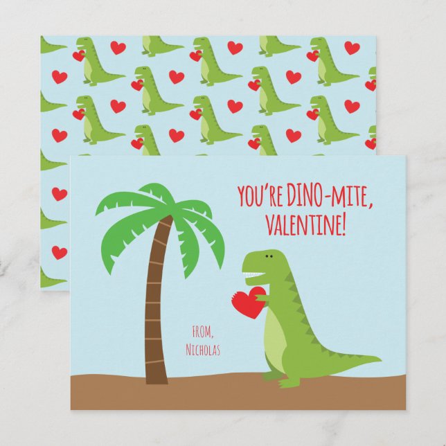 Postal Festiva Clase de Dinosaurios Valentines - T-Rex (Anverso / Reverso)