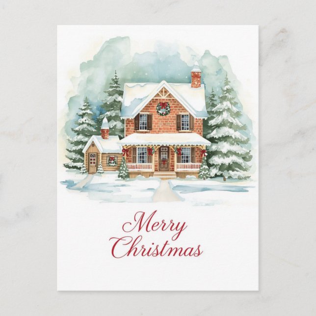 Postal Festiva Classic Brick Home in Snowy Christmas Setting (Anverso)