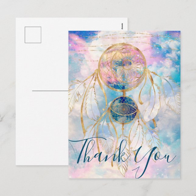 Postal Festiva Classy Gold dreamcatcher Rainbow Clouds Sky design (Anverso / Reverso)