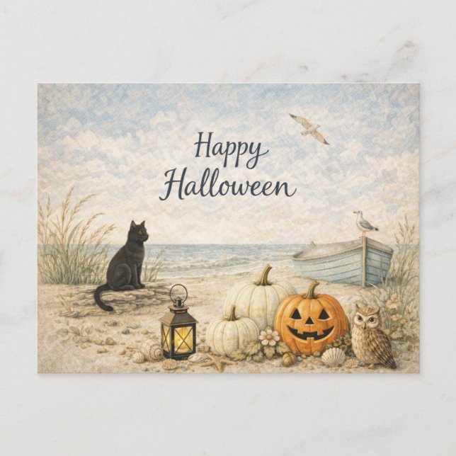 Postal Festiva Coastal Black Cat Rowboat Halloween (Anverso)