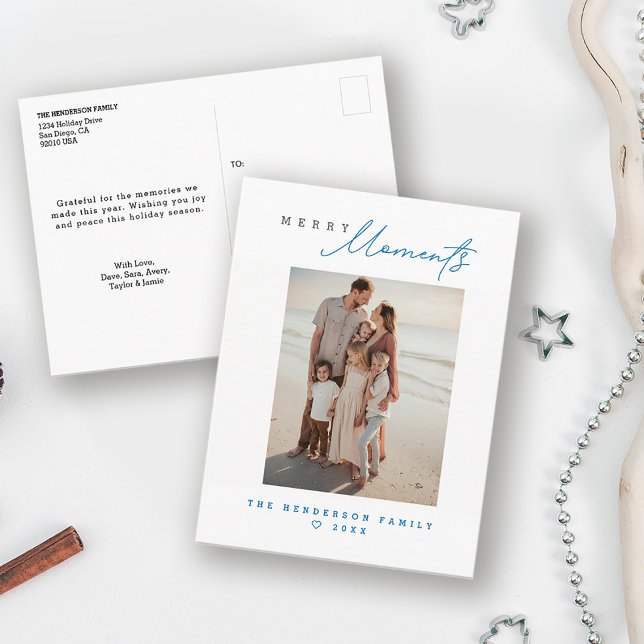 Postal Festiva Coastal Family Beach vacation Custom Holiday Photo (Modern, minimal, blue Merry moments coastal vibe beach holiday christmas family photo card)