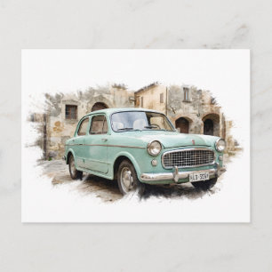 Postal Festiva Coche Antiguo en Entorno Rústico
