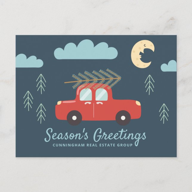 Postal Festiva Coche rojo moderno del bosque de invierno | Saludo (Anverso)