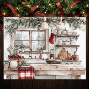 Postal Festiva Cocina de granja en estilo navideño de campo rojo