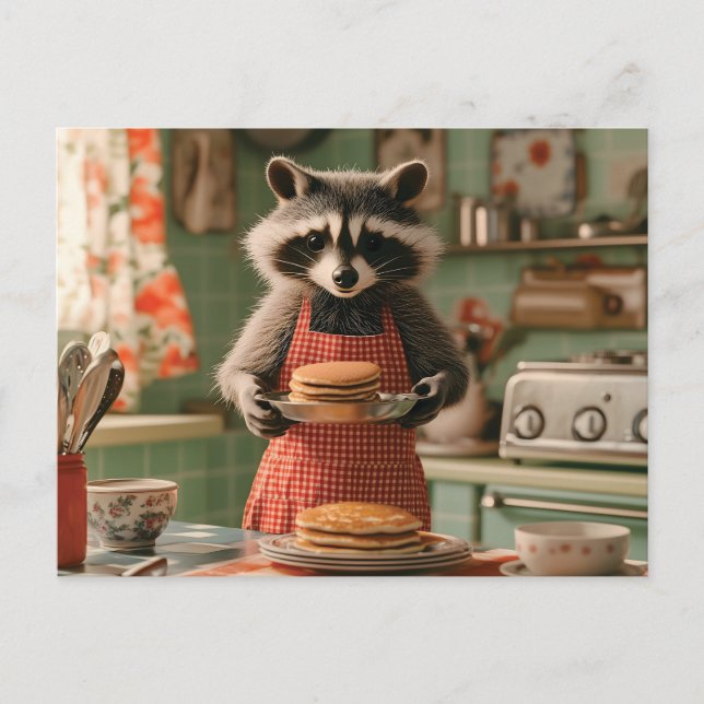 Postal Festiva Cocina retro con un chef de mapache que sirve panq (Anverso)