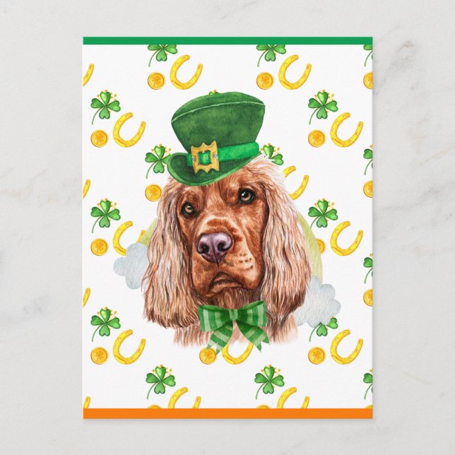 Postal Festiva Cocker Inglés Shamrock Día de San Patricio (Anverso)