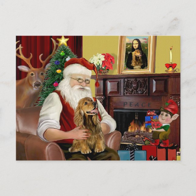 Postal Festiva Cocker marrón de Santa Claus (Anverso)