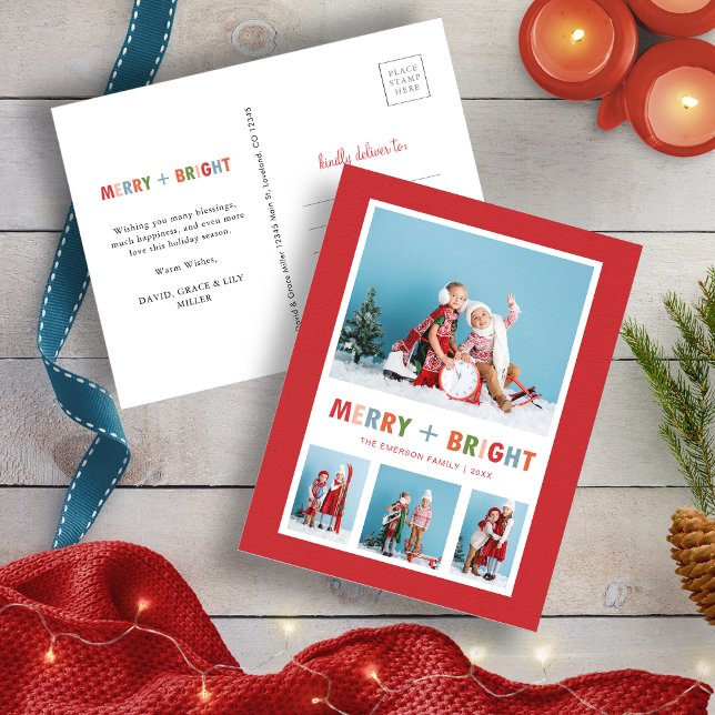 Postal Festiva Colage de fotos navideñas rojas alegres y brillant (Christmas Red Merry and Bright Photo Collage Holiday Postcard
)