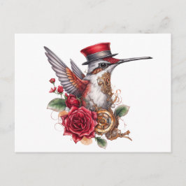 Postal Festiva Colibrí Steampunk con Gorra rojo y reloj