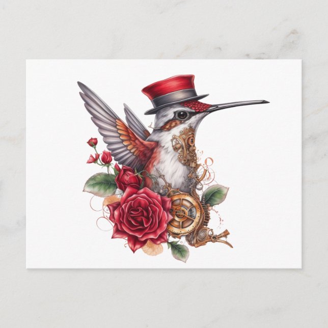 Postal Festiva Colibrí Steampunk con Gorra rojo y reloj (Anverso)