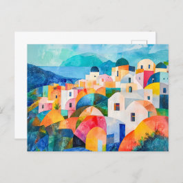 Postal Festiva Colinas de Santorini en tonos abstractos