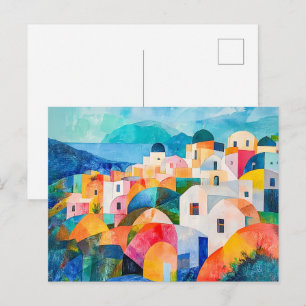 Postal Festiva Colinas de Santorini en tonos abstractos