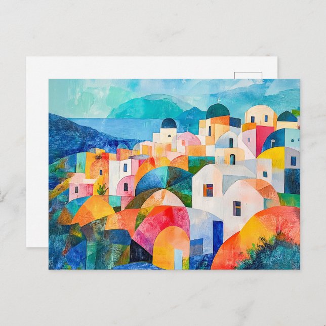 Postal Festiva Colinas de Santorini en tonos abstractos (Anverso / Reverso)