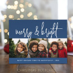 Postal Festiva Collage de 3 Navidades de fotografía - Merry & Bri<br><div class="desc">DISEÑO FRONTAL: 3 fotos cuadradas y una gran fuente de guiones son los aspectos más destacados de este diseño de moda. Un estilo moderno para una tarjeta de fotos de vacaciones con un gran "alegre y brillante" en un original tipo de letra manuscrita en azul y blanco. Para usuarios avanzados,...</div>