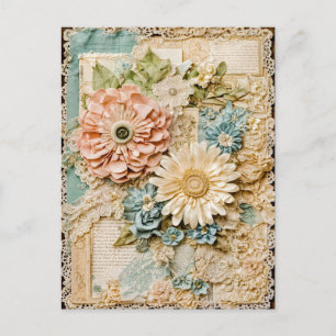 Postal Festiva Collage de flor de vintage chic de Shabby