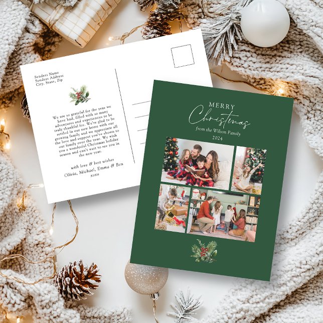 Postal Festiva Collage de Fotos de Follaje en Acuarela Navideña S (Subido por el creador)