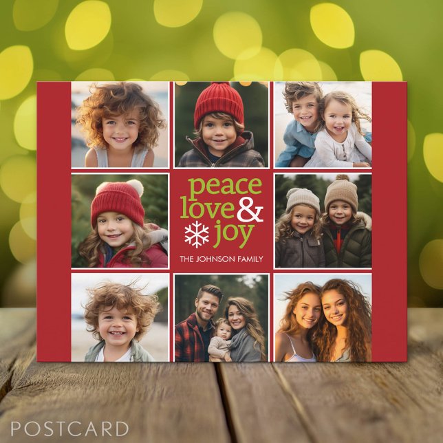Postal Festiva Collage de fotos de Navidades de Peace Love Joy (Holiday Photo Postcard)