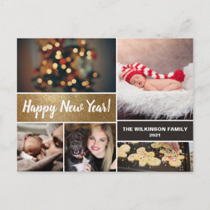 Postal Festiva Collage de fotos de oro Feliz Año Nuevo personaliz
