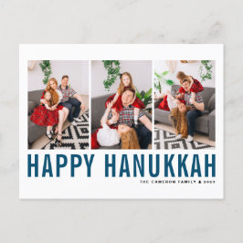 Postal Festiva Collage de fotos de tipografía azul Happy Hanukkah