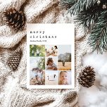 Postal Festiva Collage de fotos familiar simple de Navidades Mini<br><div class="desc">Este sencillo y moderno collage de fotos familiares con la tarjeta postal Feliz Navidad ofrece un lugar para que añadas tus nombres, y un mensaje en la parte trasera de la hermosa tipografía de máquina de escribir, así como espacio para que añadas tu propio fotomontaje (con espacio para siete fotos)....</div>