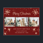 Postal Festiva Collage de fotos Red Snowflake 3<br><div class="desc">Foto roja, postal Feliz Navidad y Feliz Año Nuevo, con un collage de fotos con estrellas, copos de nieve y un hermoso saludo de vacaciones con letras a mano en un estilo de letra festivo. Personaliza fácilmente esta postal roja de vacaciones con tus fotos, nombre de familia y texto. El...</div>