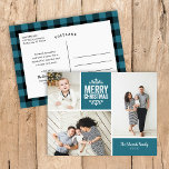 Postal Festiva Collage de fotos Rustic Blue Merry Christmas 3<br><div class="desc">Personalizado económico imprimió postales de fotos de vacaciones con plantillas sencillas para la personalización. Este moderno diseño rústico tiene un diseño de collage de fotos con espacio para 3 fotos familiares y texto en bloques de colores coordinados - edite los colores de fondo para que coincidan con cualquier foto. Personalízalo...</div>