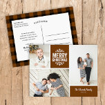 Postal Festiva Collage de fotos Rustic Copper Merry Christmas 3<br><div class="desc">Personalizado económico imprimió postales de fotos de vacaciones con plantillas sencillas para la personalización. Este moderno diseño rústico tiene un diseño de collage de fotos con espacio para 3 fotos familiares y texto en bloques de colores coordinados - edite los colores de fondo para que coincidan con cualquier foto. Personalízalo...</div>